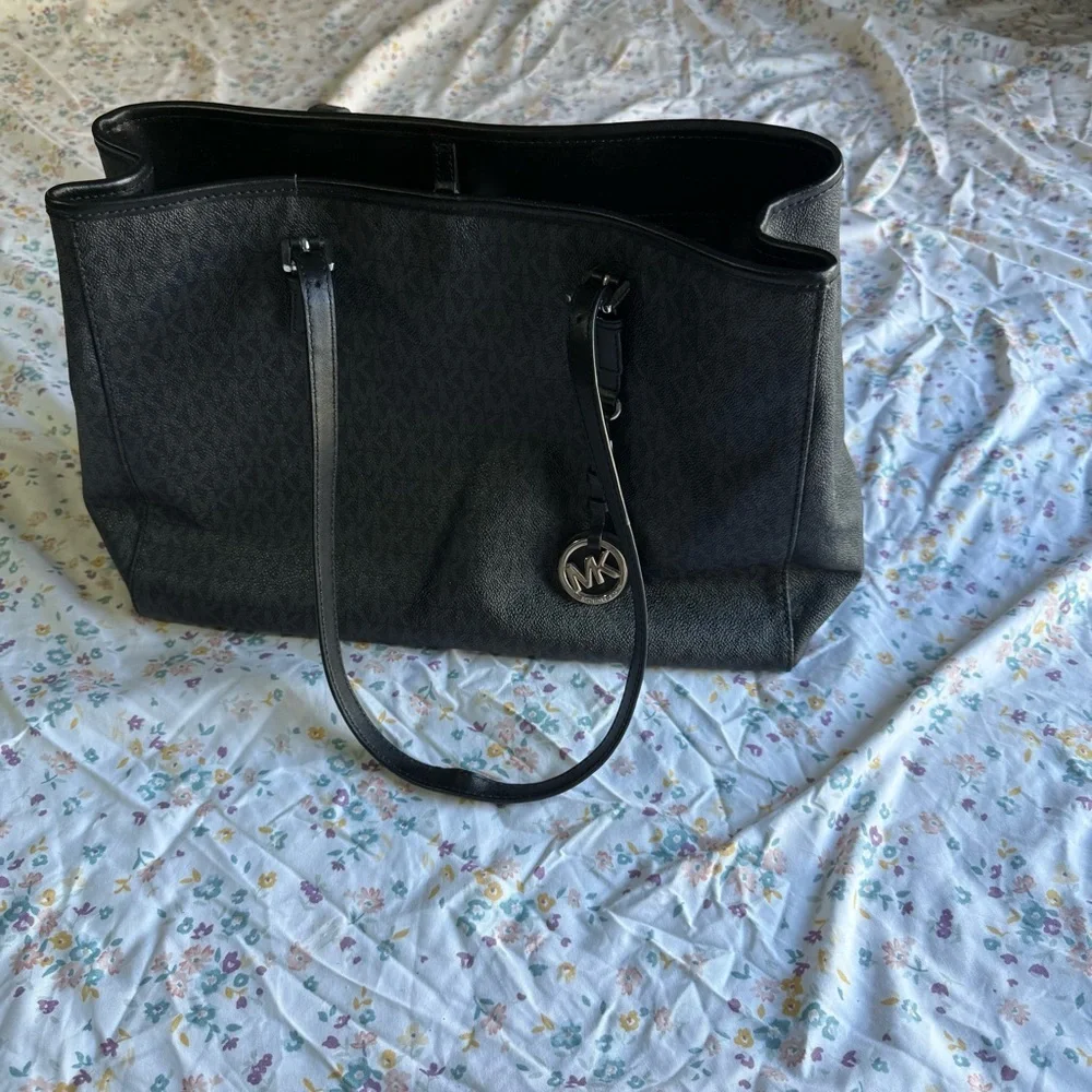 Michael Kors Black Leather Tote with Logo Charm
